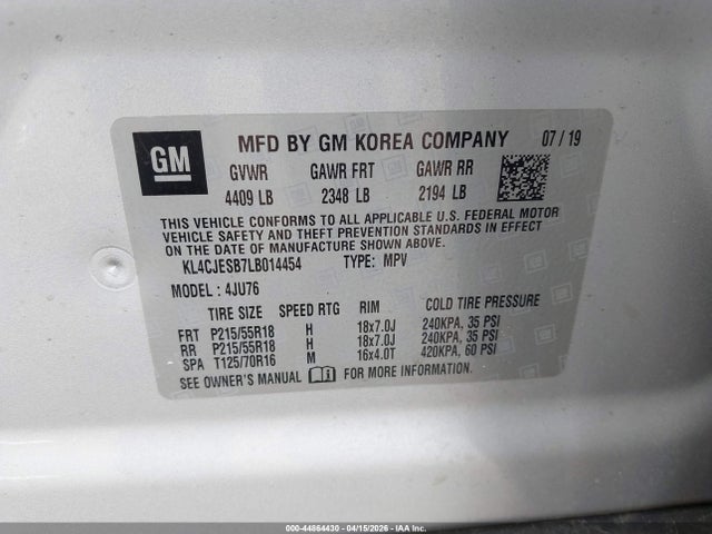 Aukcja sprzedaży 2020 Buick Encore Awd Preferred, vin: KL4CJESB7LB014454, numer aukcji: 44864430