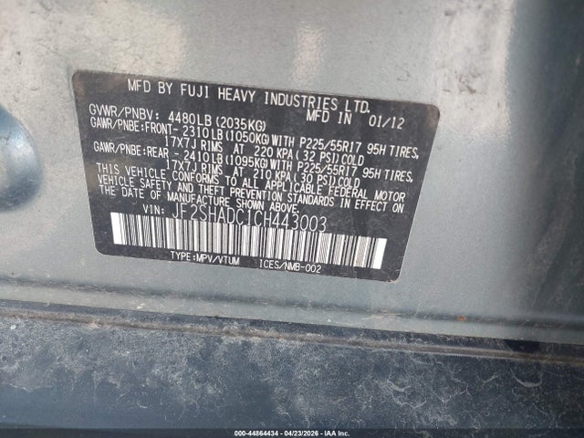 2012 Subaru Forester 2.5x Premium მანქანა იყიდება აუქციონზე, vin: JF2SHADC1CH443003, აუქციონის ნომერი: 44864434