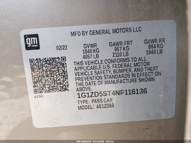 Aukcja sprzedaży 2022 Chevrolet Malibu Fwd Lt, vin: 1G1ZD5ST4NF116136, numer aukcji: 44864439