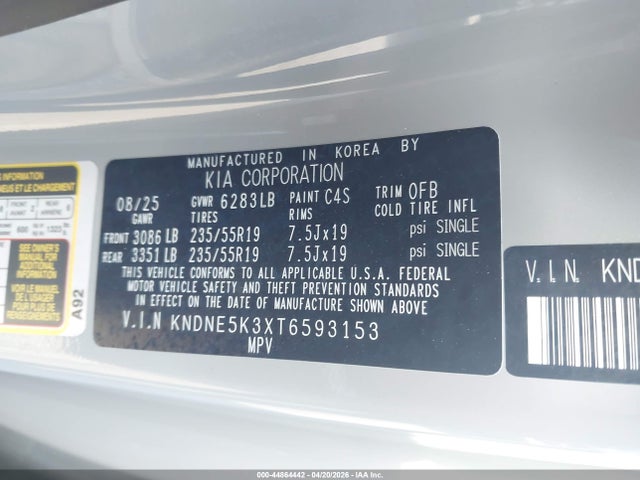Продажа на аукционе авто 2026 Kia Carnival Mpv Sx Prestige, vin: KNDNE5K3XT6593153, номер лота: 44864442