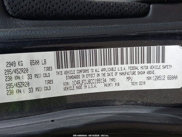 2012 Jeep Grand Cherokee Srt8 მანქანა იყიდება აუქციონზე, vin: 1C4RJFDJ8CC199134, აუქციონის ნომერი: 44864444