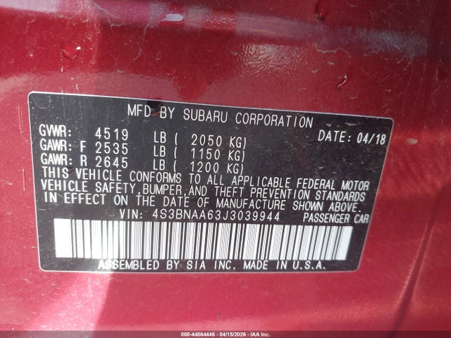 Aukcja sprzedaży 2018 Subaru Legacy 2.5i, vin: 4S3BNAA63J3039944, numer aukcji: 44864446