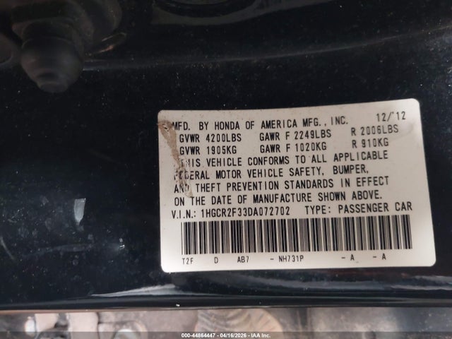 2013 Honda Accord Lx მანქანა იყიდება აუქციონზე, vin: 1HGCR2F33DA072702, აუქციონის ნომერი: 44864447