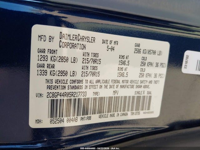 Продаж на аукціоні авто 2005 Chrysler Town & Country Lx, vin: 2C8GP44R05R217733, номер лоту: 44864460