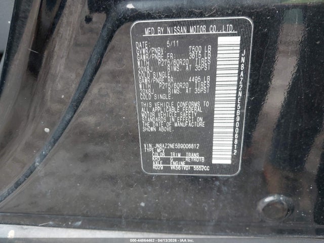 2011 Infiniti Qx56 მანქანა იყიდება აუქციონზე, vin: JN8AZ2NE5B9006812, აუქციონის ნომერი: 44864462
