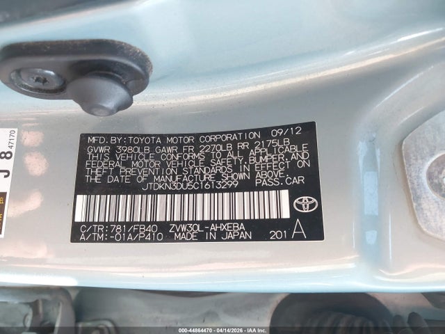 Aukcja sprzedaży 2012 Toyota Prius Two, vin: JTDKN3DU5C1613299, numer aukcji: 44864470