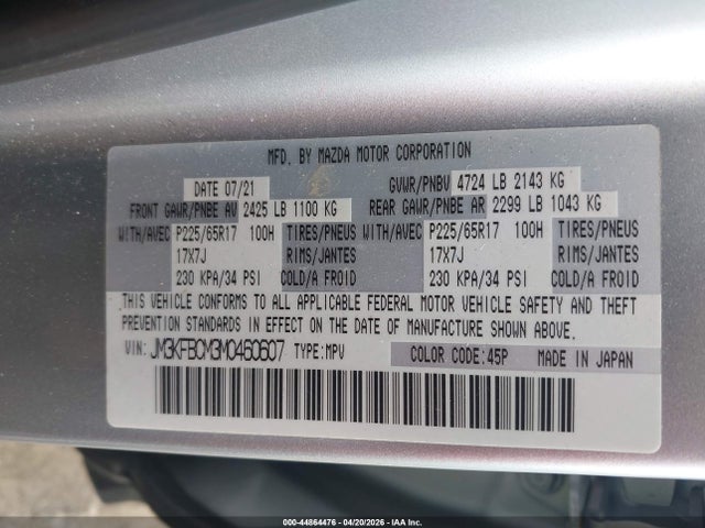 44864476 :رقم المزاد ، JM3KFBCM3M0460607 vin ، 2021 Mazda Cx-5 Touring مزاد بيع