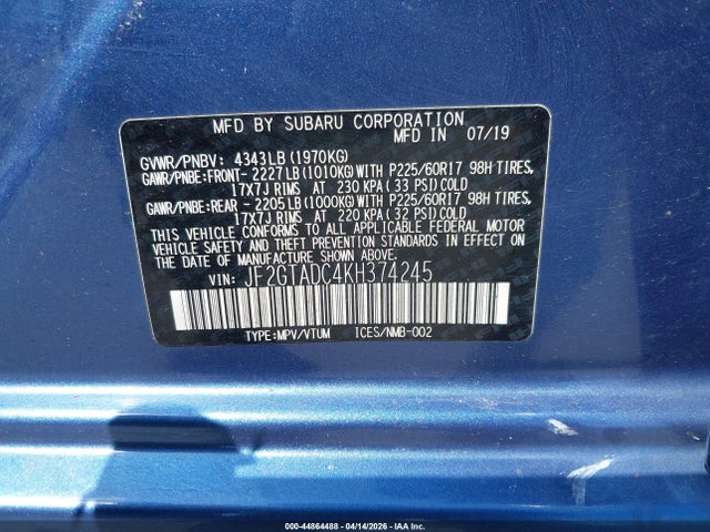 2019 Subaru Crosstrek 2.0i Premium მანქანა იყიდება აუქციონზე, vin: JF2GTADC4KH374245, აუქციონის ნომერი: 44864488