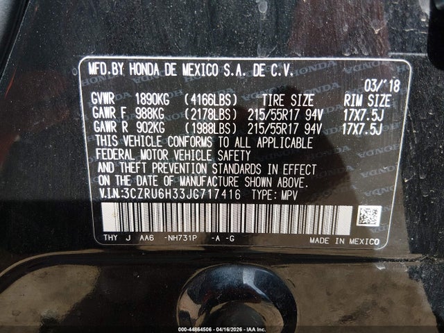 3CZRU6H33JG717416 Honda HR-V LX