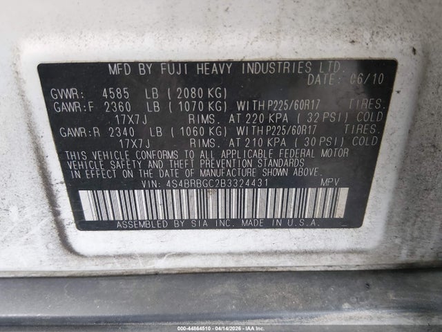 Продаж на аукціоні авто 2011 Subaru Outback 2.5i Premium, vin: 4S4BRBGC2B3324431, номер лоту: 44864510