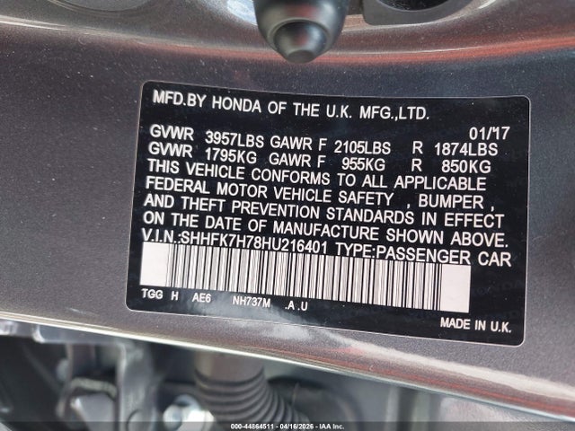 Продаж на аукціоні авто 2017 Honda Civic Ex-l, vin: SHHFK7H78HU216401, номер лоту: 44864511