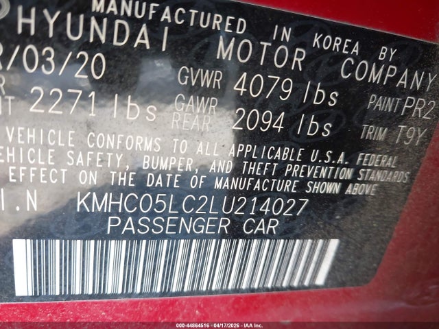 Продаж на аукціоні авто 2020 Hyundai Ioniq Hybrid Limited, vin: KMHC05LC2LU214027, номер лоту: 44864516