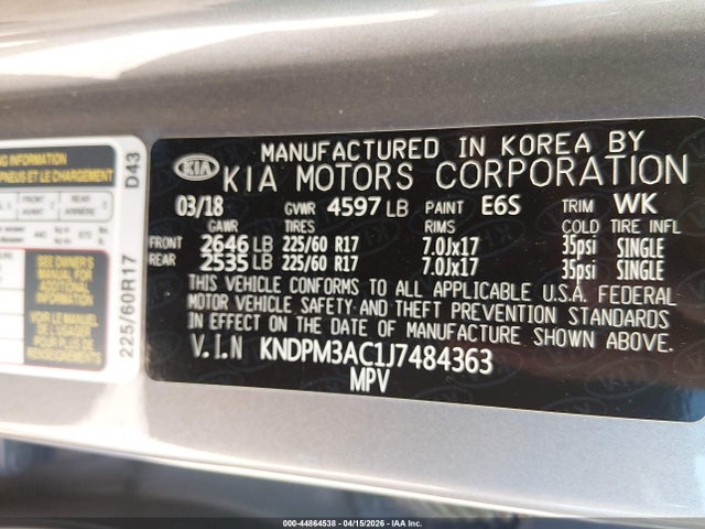 Aukcja sprzedaży 2018 Kia Sportage Lx, vin: KNDPM3AC1J7484363, numer aukcji: 44864538