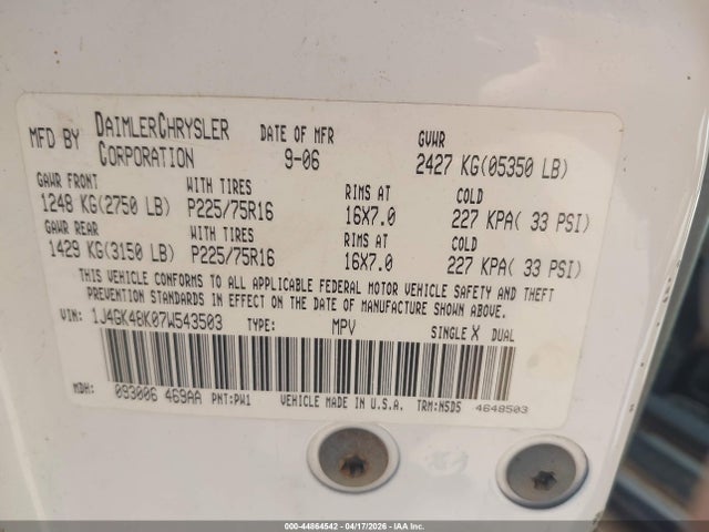 Aukcja sprzedaży 2007 Jeep Liberty Sport, vin: 1J4GK48K07W543503, numer aukcji: 44864542