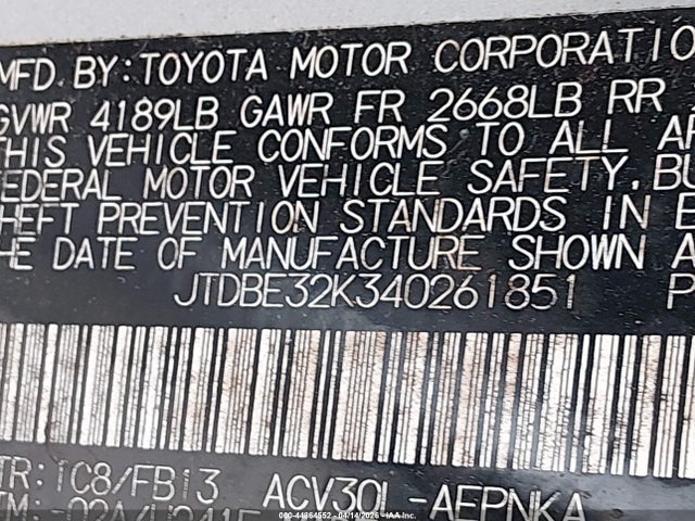 2004 TOYOTA CAMRY JTDBE32K340261851 Photo 8