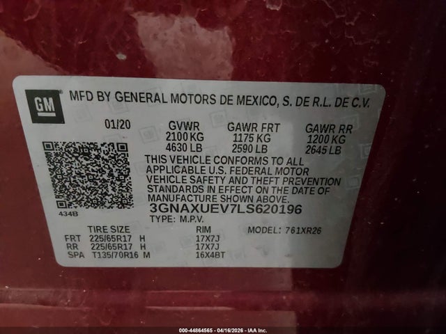 Aukcja sprzedaży 2020 Chevrolet Equinox Awd Lt 1.5l Turbo, vin: 3GNAXUEV7LS620196, numer aukcji: 44864565