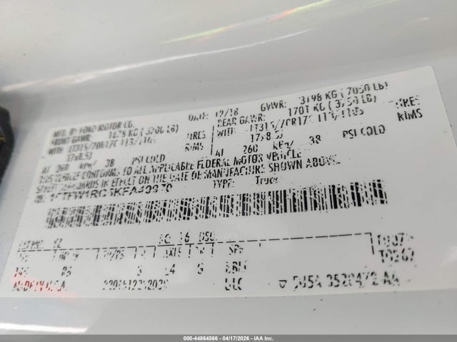 44864566 :رقم المزاد ، 1FTFW1RG5KFA49970 vin ، 2019 Ford F-150 Raptor مزاد بيع