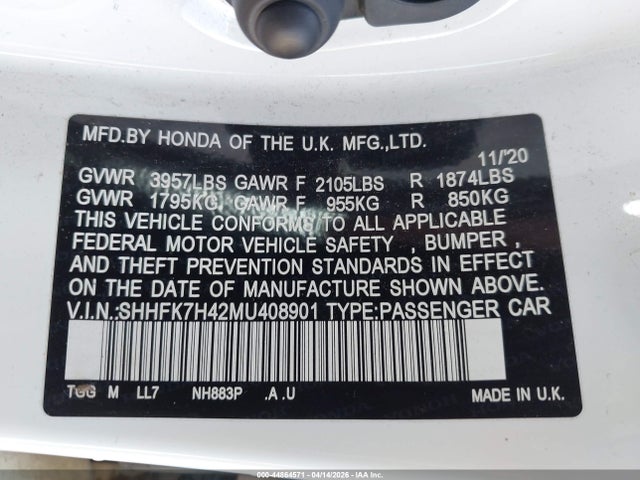 SHHFK7H42MU408901 Honda Civic Sport