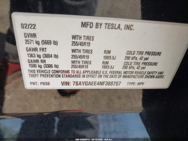 Aukcja sprzedaży 2022 Tesla Model Y Long Range Dual Motor All-wheel Drive, vin: 7SAYGAEE4NF388757, numer aukcji: 44864574