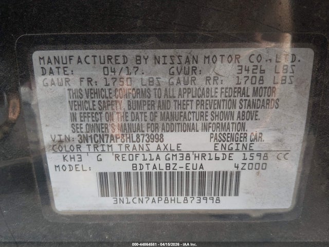 3N1CN7AP8HL873998 Nissan Versa 1.6 Sv