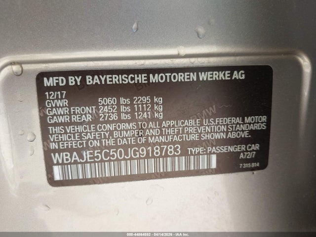2018 Bmw 540i მანქანა იყიდება აუქციონზე, vin: WBAJE5C50JG918783, აუქციონის ნომერი: 44864592