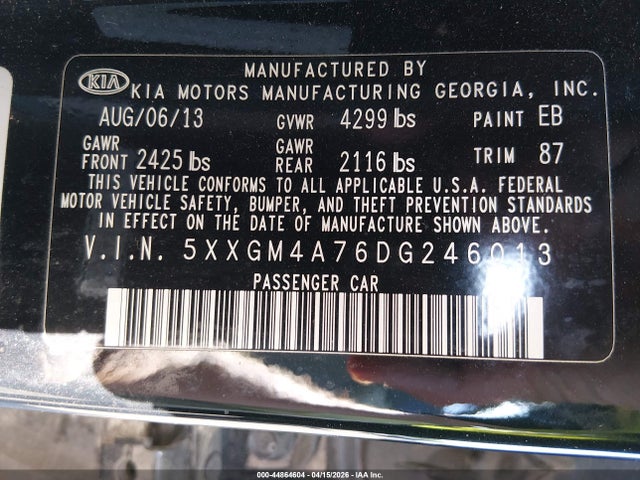 Aukcja sprzedaży 2013 Kia Optima Lx, vin: 5XXGM4A76DG246013, numer aukcji: 44864604