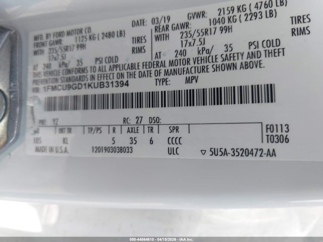 Aukcja sprzedaży 2019 Ford Escape Se, vin: 1FMCU9GD1KUB31394, numer aukcji: 44864610