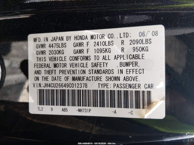 44864618 :رقم المزاد ، JH4CU26649C012378 vin ، 2009 Acura Tsx مزاد بيع