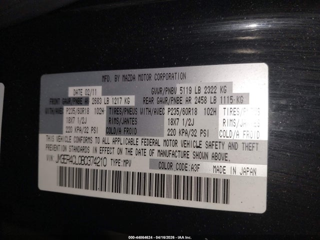 Aukcja sprzedaży 2011 Mazda Cx-7 S Touring, vin: JM3ER4CL0B0374210, numer aukcji: 44864624