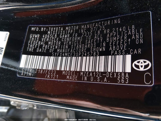 44864634 :رقم المزاد ، 5YFS4MCE3SP245783 vin ، 2025 Toyota Corolla Se مزاد بيع