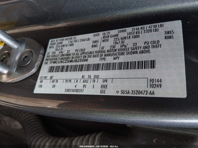 2021 Ford Escape Sel Hybrid მანქანა იყიდება აუქციონზე, vin: 1FMCU9CZXMUB25596, აუქციონის ნომერი: 44864635