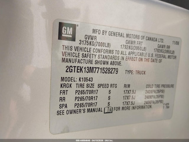 44864646 :رقم المزاد ، 2GTEK13M771528279 vin ، 2007 Gmc Sierra 1500 Slt مزاد بيع