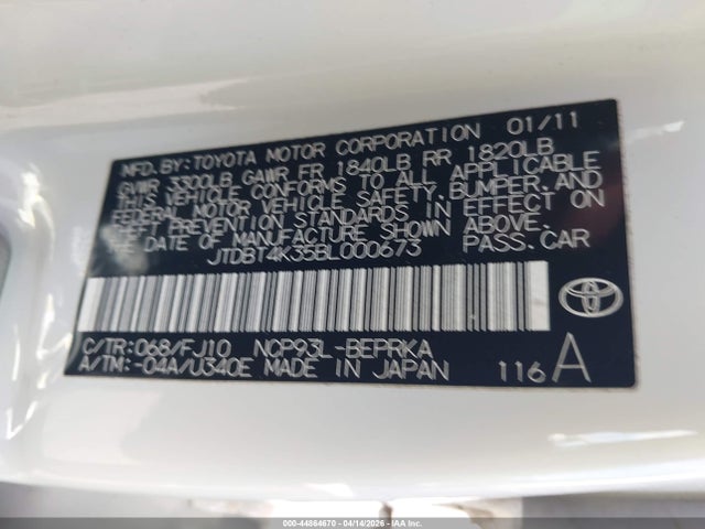 44864670 :رقم المزاد ، JTDBT4K35BL000673 vin ، 2011 Toyota Yaris مزاد بيع