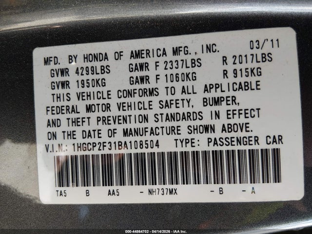 Продажа на аукционе авто 2011 Honda Accord 2.4 Lx, vin: 1HGCP2F31BA108504, номер лота: 44864702