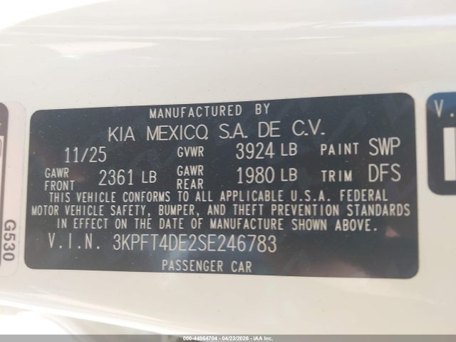 44864704 :رقم المزاد ، 3KPFT4DE2SE246783 vin ، 2025 Kia K4 Lx مزاد بيع