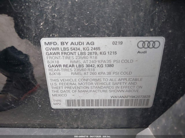 44864716 :رقم المزاد ، WA1ANAFY9K2073829 vin ، 2019 Audi Q5 45 Premium مزاد بيع