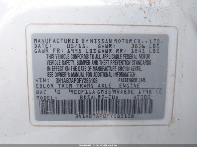 Продаж на аукціоні авто 2015 Nissan Sentra Sr, vin: 3N1AB7AP0FY285108, номер лоту: 44864717