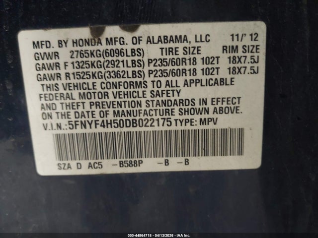 Aukcja sprzedaży 2013 Honda Pilot Ex-l, vin: 5FNYF4H50DB022175, numer aukcji: 44864718