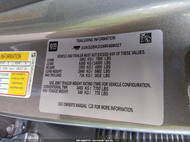 Aukcja sprzedaży 2021 Gmc Yukon 4wd Slt, vin: 1GKS2BKD1MR489027, numer aukcji: 44864722
