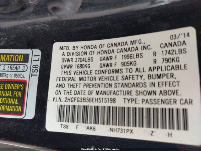 Aukcja sprzedaży 2014 Honda Civic Lx, vin: 2HGFG3B56EH515198, numer aukcji: 44864729