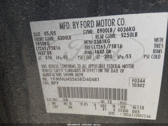 Aukcja sprzedaży 2005 Ford Excursion Eddie Bauer, vin: 1FMNU45S65ED40481, numer aukcji: 44864735