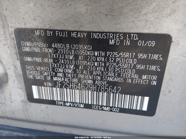 2009 Subaru Forester 2.5x Limited მანქანა იყიდება აუქციონზე, vin: JF2SH64629H785642, აუქციონის ნომერი: 44864738