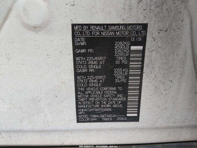 44864747 :رقم المزاد ، KNMAT2MT6KP534691 vin ، 2019 Nissan Rogue Sv مزاد بيع