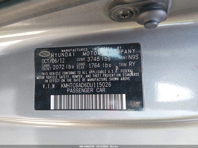 44864758 :رقم المزاد ، KMHTC6AD6DU115026 vin ، 2013 Hyundai Veloster Base W/black مزاد بيع