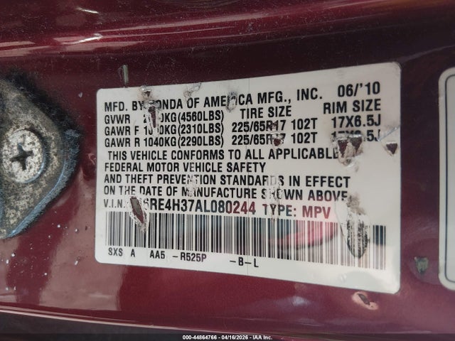 44864766 :رقم المزاد ، 5J6RE4H37AL080244 vin ، 2010 Honda Cr-v Lx مزاد بيع
