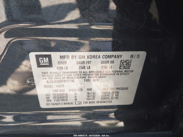 2015 Buick Encore მანქანა იყიდება აუქციონზე, vin: KL4CJASB9FB237138, აუქციონის ნომერი: 44864770