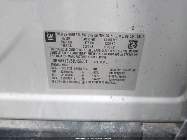 44864773 :رقم المزاد ، 3GNAXJEV5JL156301 vin ، 2018 Chevrolet Equinox Lt مزاد بيع