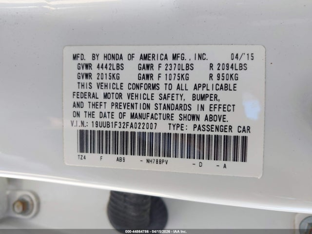 44864786 :رقم المزاد ، 19UUB1F32FA022007 vin ، 2015 Acura Tlx مزاد بيع