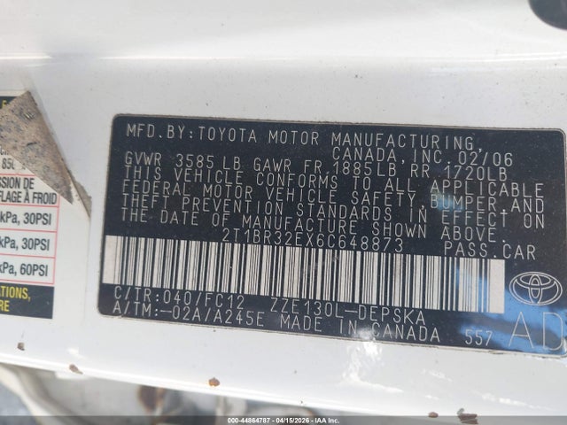 Продажа на аукционе авто 2006 Toyota Corolla S, vin: 2T1BR32EX6C648873, номер лота: 44864787