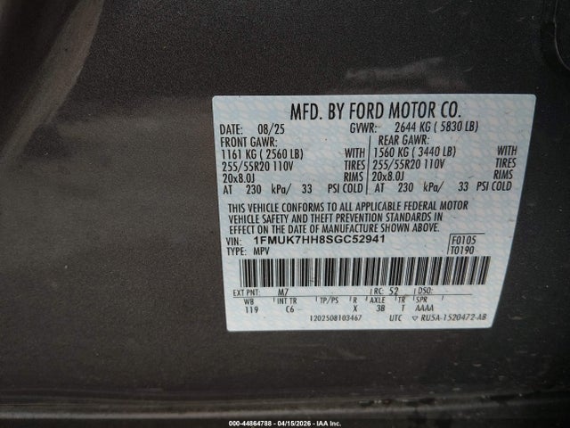 Aukcja sprzedaży 2025 Ford Explorer Platinum, vin: 1FMUK7HH8SGC52941, numer aukcji: 44864788